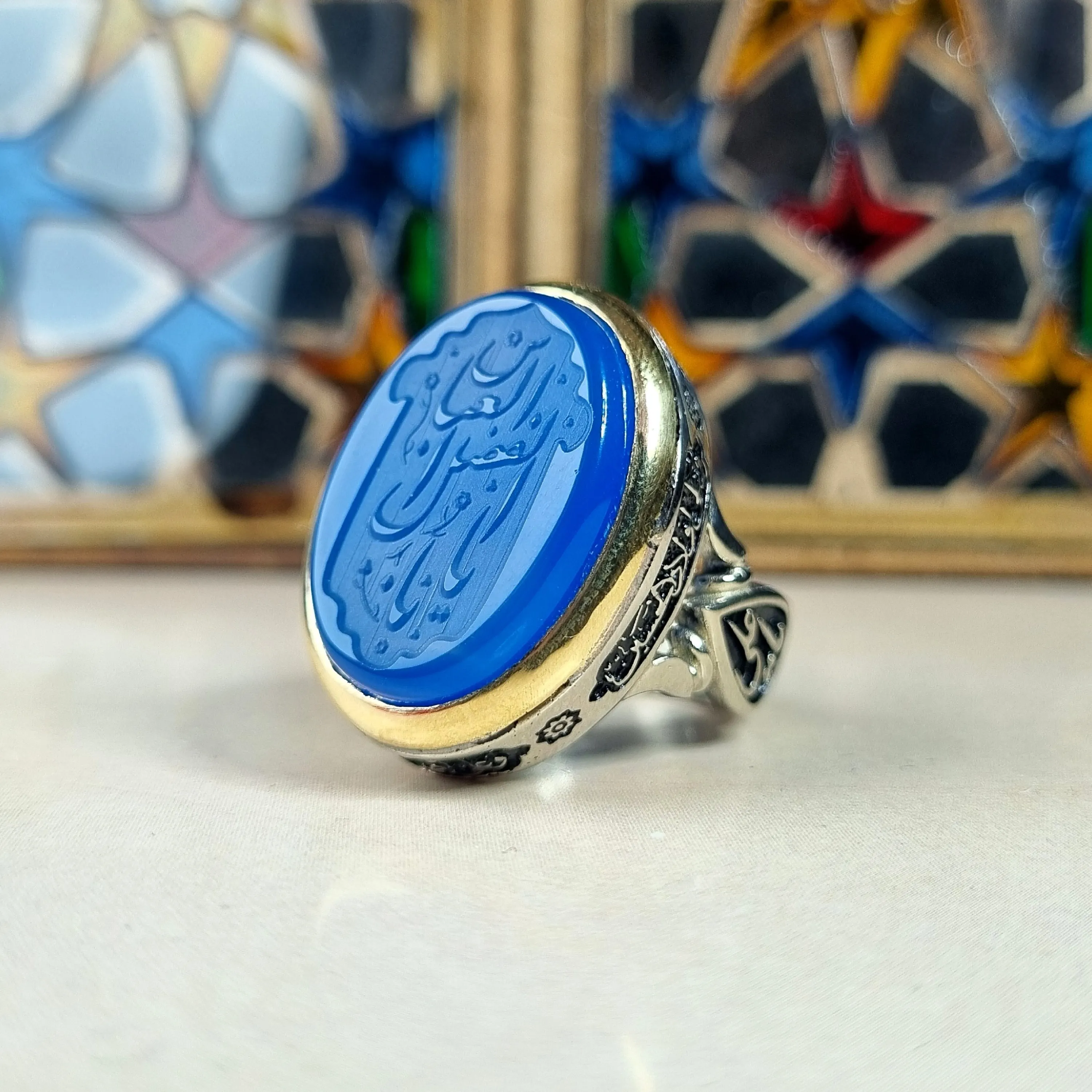 انگشتر مردانه آلیاژ نقره روس با سنگ عقیق آبی و حکاکی یا اباالفضل العباس