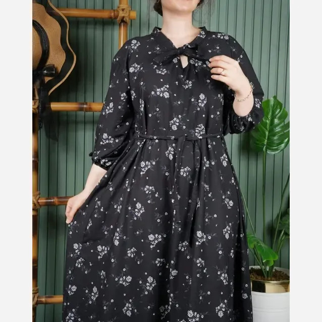 پیراهن بلند کلوش طرح نرگس جنس کرپ فلور فری سایز