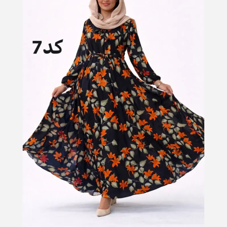 پیراهن نخی کلوش طرح دار زنانه قد 130 سانتی متر