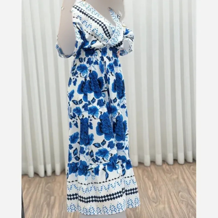 پیراهن ساحلی زنانه مدل چپ و راستی طرح فلور حاشیهدار فری سایز