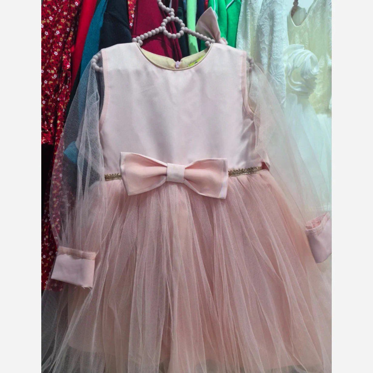 پیراهن مجلسی دخترانه آستین تور ساتن آمریکایی همراه با گل سر سایز 4 تا 11 سال