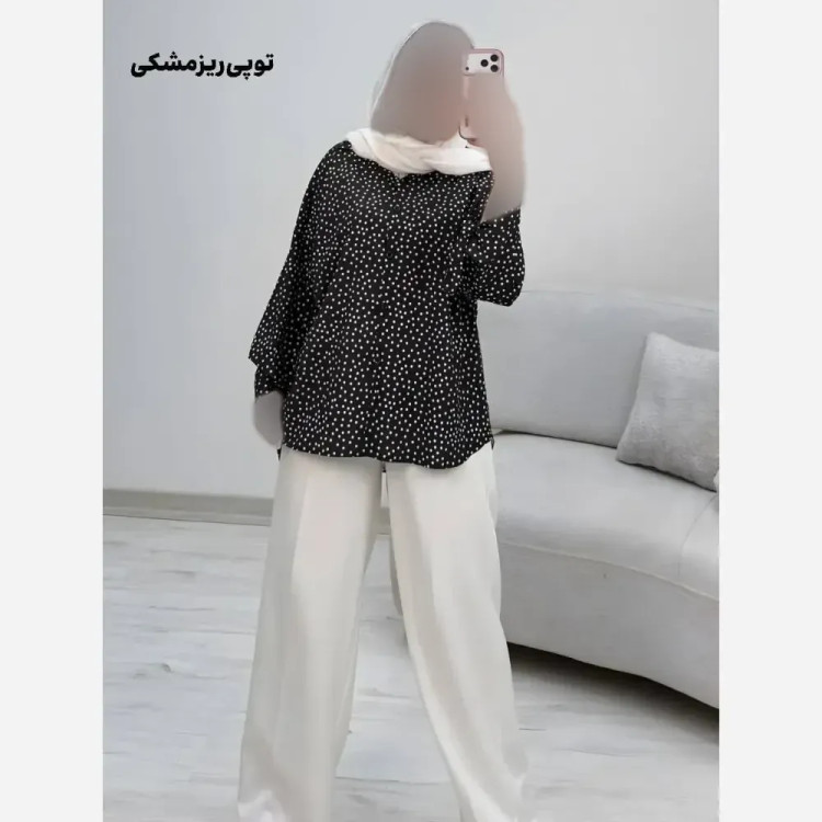 شومیز طرحدار چیچک کرپ الیزه چاپی فری سایز 38 تا 46 قد 135