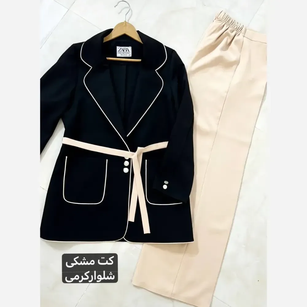 کت و شلوار زنانه دو رنگ کرپ مازراتی درجه یک بگ با کمربند