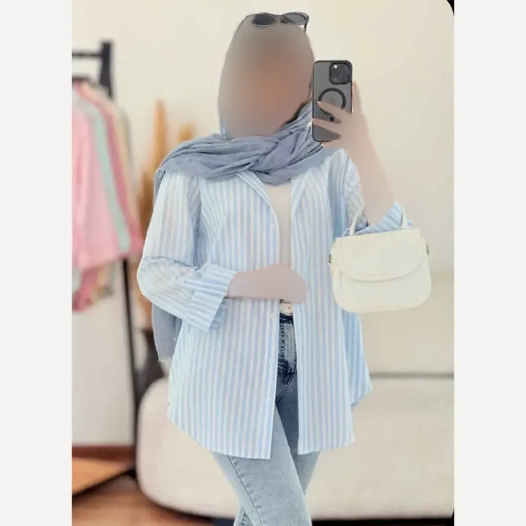 شومیز راه راه لینن تابستانه خنک آستین پاگن دار جیب کاربردی