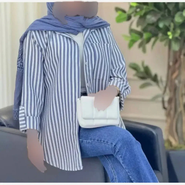 شومیز راه راه لینن تابستانه خنک آستین پاگن دار جیب کاربردی