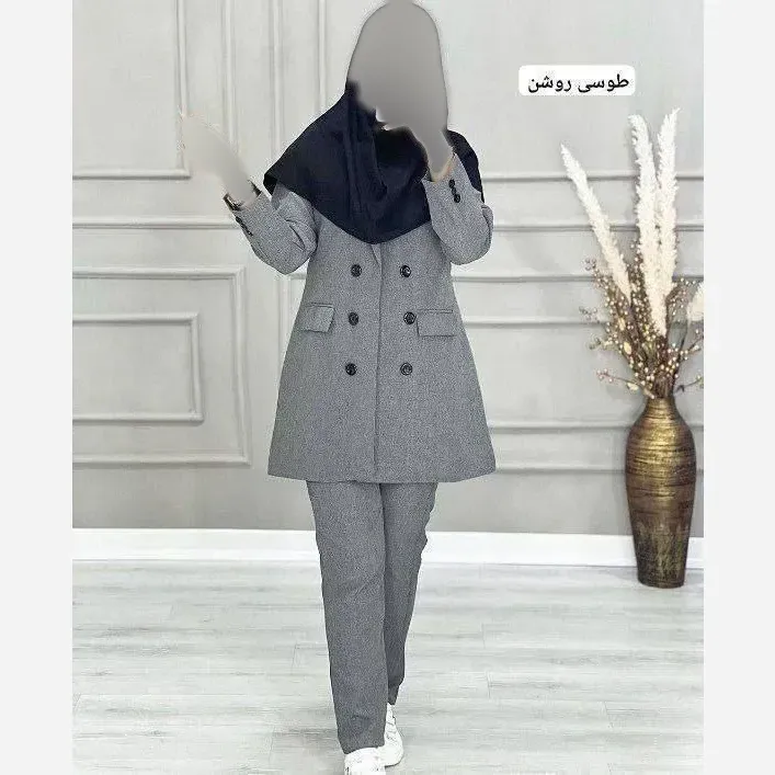 کت شلوار اداری زنانه جنس فاستونی رنگ مشکی سورمه ای طوسی