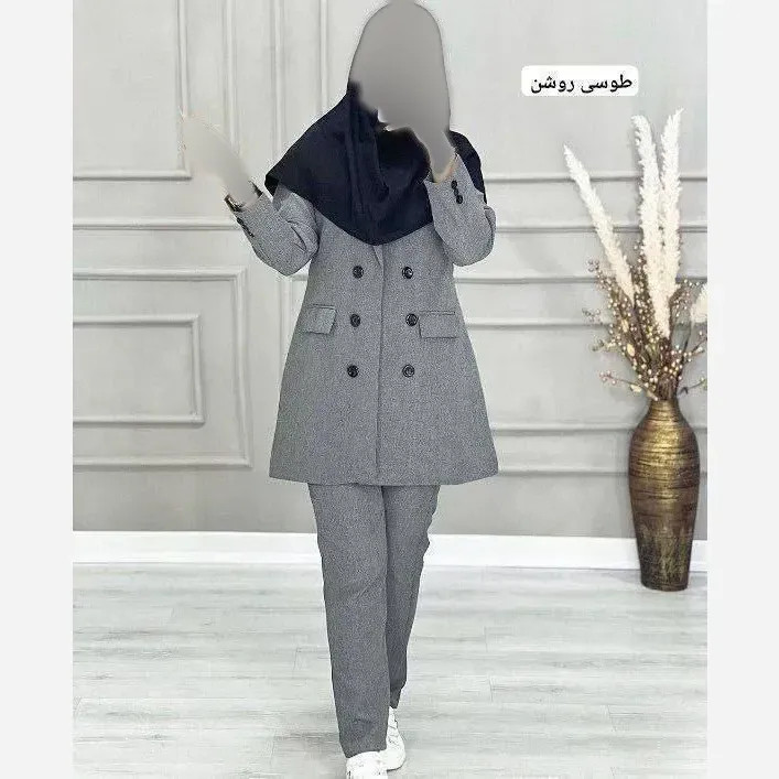 کت شلوار اداری زنانه جنس فاستونی رنگ مشکی سورمه ای طوسی