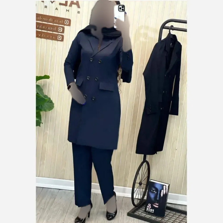 کت شلوار اداری زنانه جنس فاستونی رنگ مشکی سورمه ای طوسی