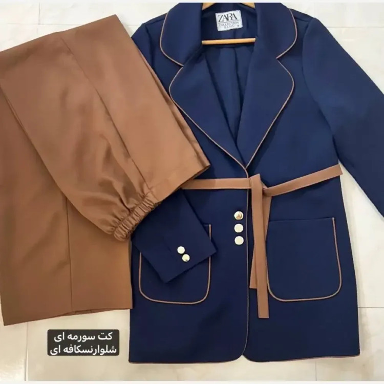 کت و شلوار زنانه دو رنگ کرپ مازراتی درجه یک مدل بگ با کمربند