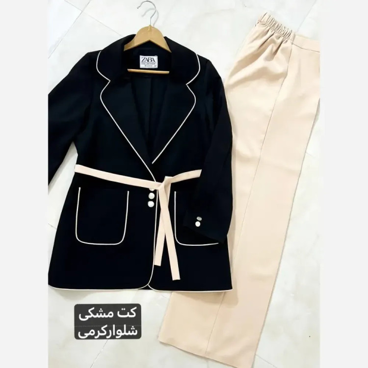 کت و شلوار زنانه دو رنگ کرپ مازراتی درجه یک مدل بگ با کمربند