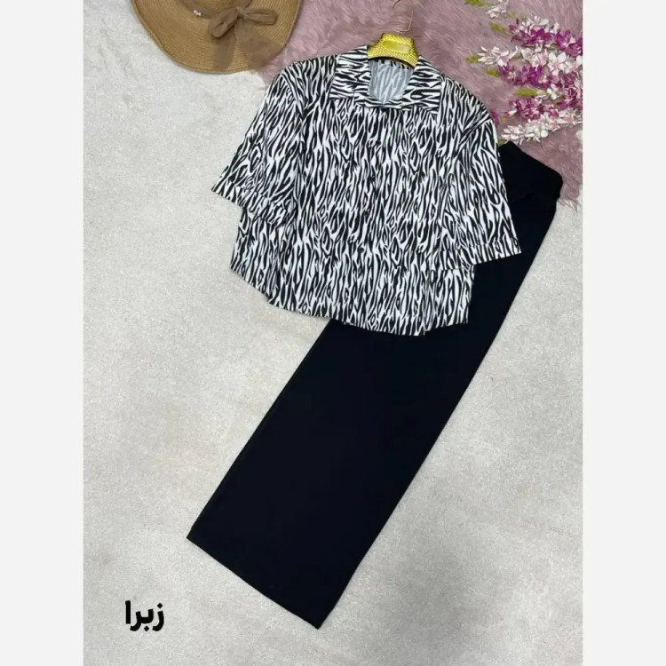 ست شومیز و شلوار طرح دار کرپ بوگاتی فری سایز 38 تا 46