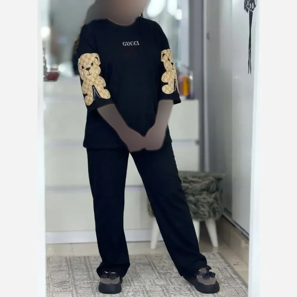 ست تیشرت و شلوار پنبه گلکسی طرح خرسی سایز فری 36 تا 46 گلدوزی شده